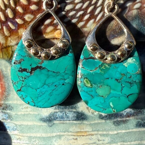 Vintage Barse Sterling Silver, Gold & Turquoise Pierced Earrings - Picture 3 of 4